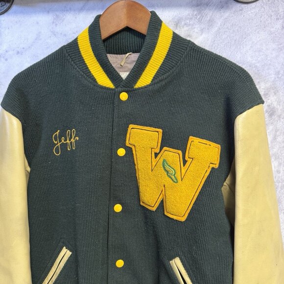 Vintage Sand Knit Doe Lon Letterman Varsity Jacket Mens 40 21x25 Chain Stitch - Picture 2 of 16